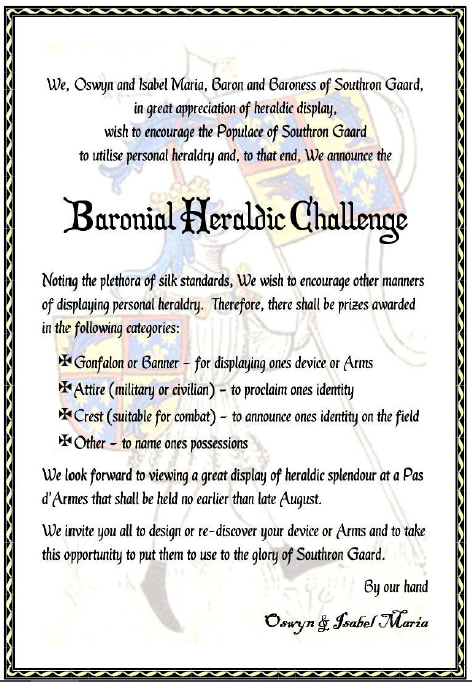 The original FTT advertisement for the Baronial Heraldic Challenge